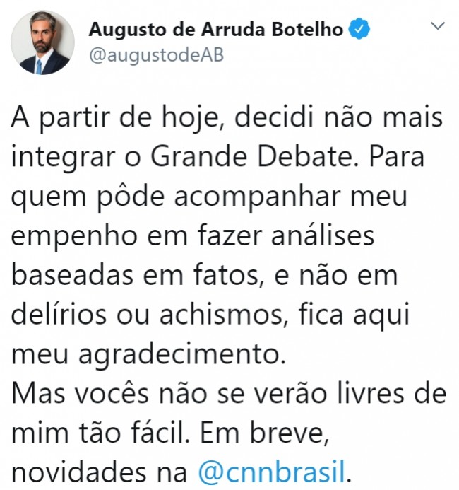 Publicação de Augusto Botelho no Twitter