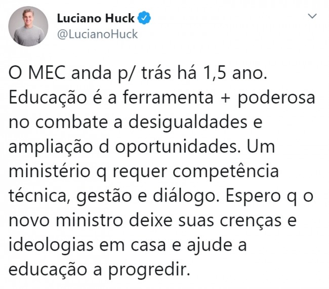 Publicação de Luciano Huck no Twitter