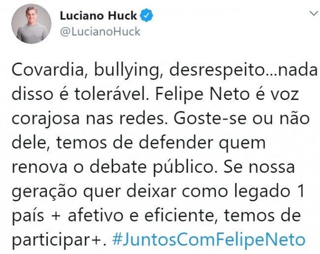 Publicação de Luciano Huck no Twitter