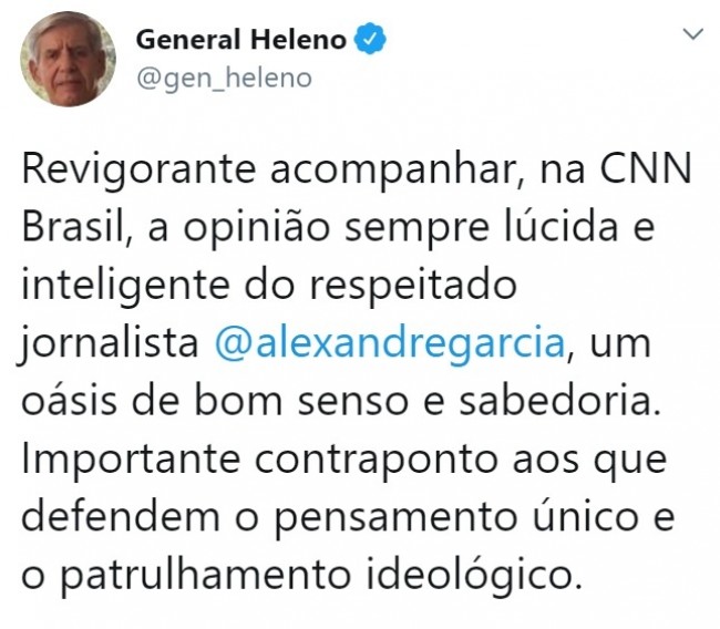 Publicação de general Augusto Heleno no Twitter