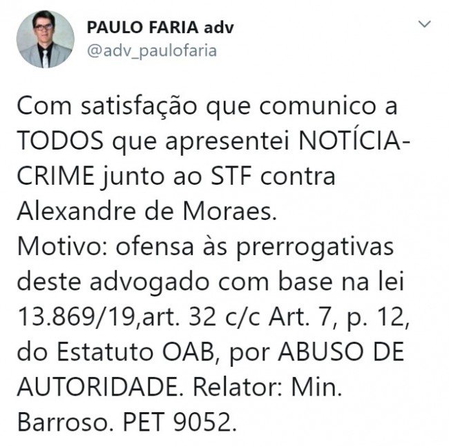 Publicação de Paulo Faria no Twitter