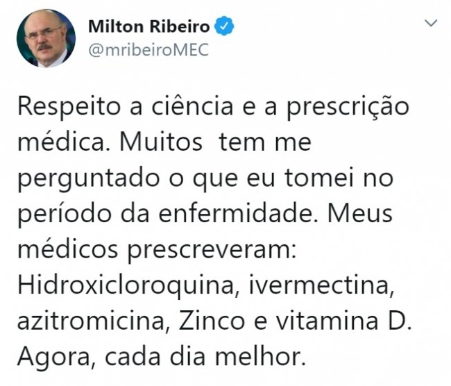 Publicação de Milton Ribeiro no Twitter