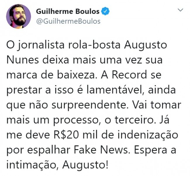 Publicação de Guilherme Boulos no Twitter