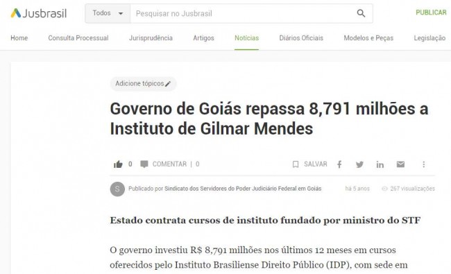 Governo de Goiás repassa 8,791 milhões a Instituto de Gilmar Mendes
