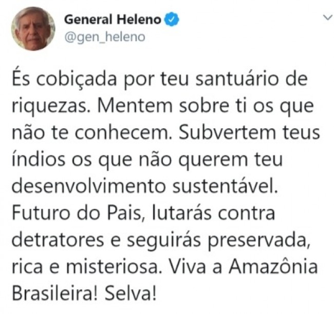 Publicação de general Augusto Heleno no Twitter