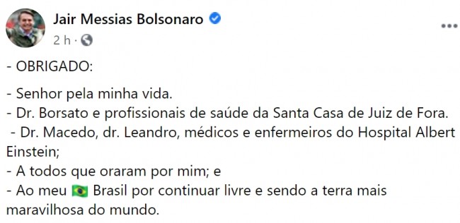 Publicação de Jair Bolsonaro no Facebook