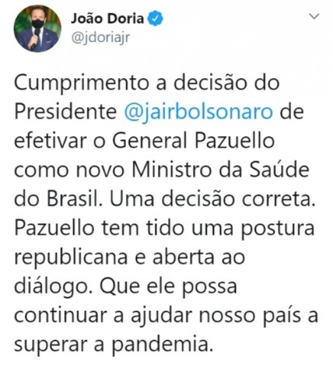 Publicação de João Doria no Twitter