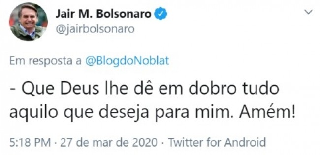 Resposta de Jair Bolsonaro no Twitter