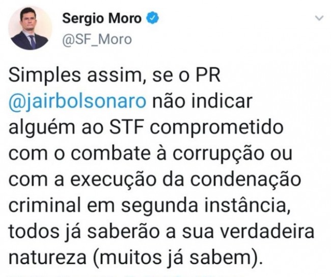 Publicação de Sérgio Moro no Twitter