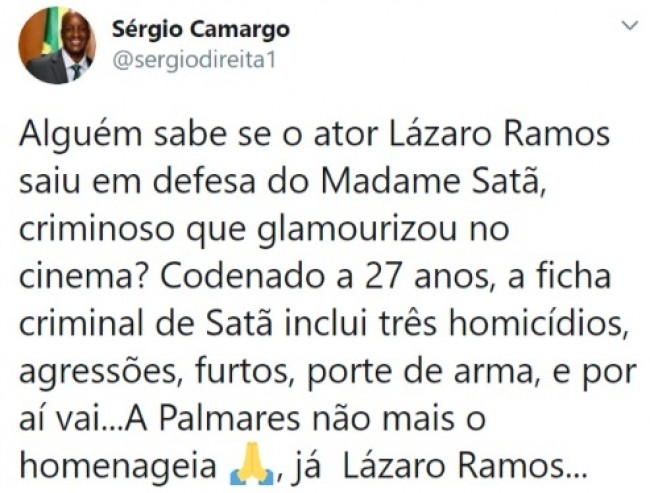 Publicação de Sérgio Camargo no Twitter