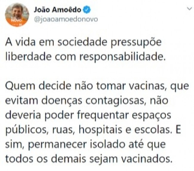 Publicação de João Amoêdo no Twitter