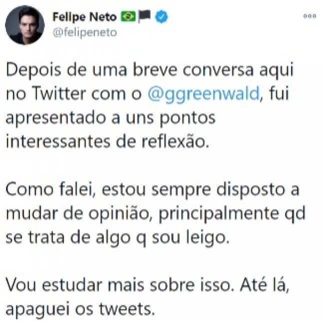 Publicação de Felipe Neto no Twitter