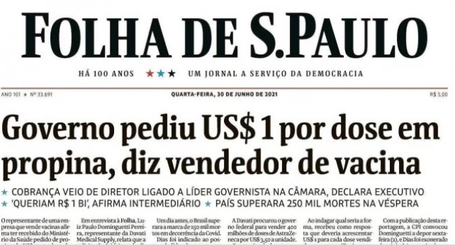 Manchete de Folha, apostando em narrativa de vendedor não autorizado pela AstraZeneca