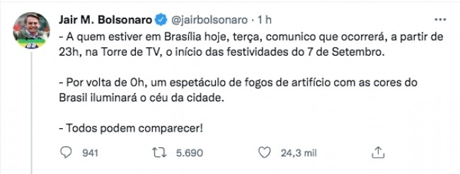 Reprodução - Twitter / Jair Bolsonaro