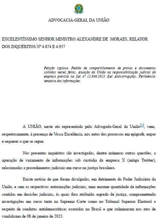 Início do pedido da AGU para Alexandre de Moraes