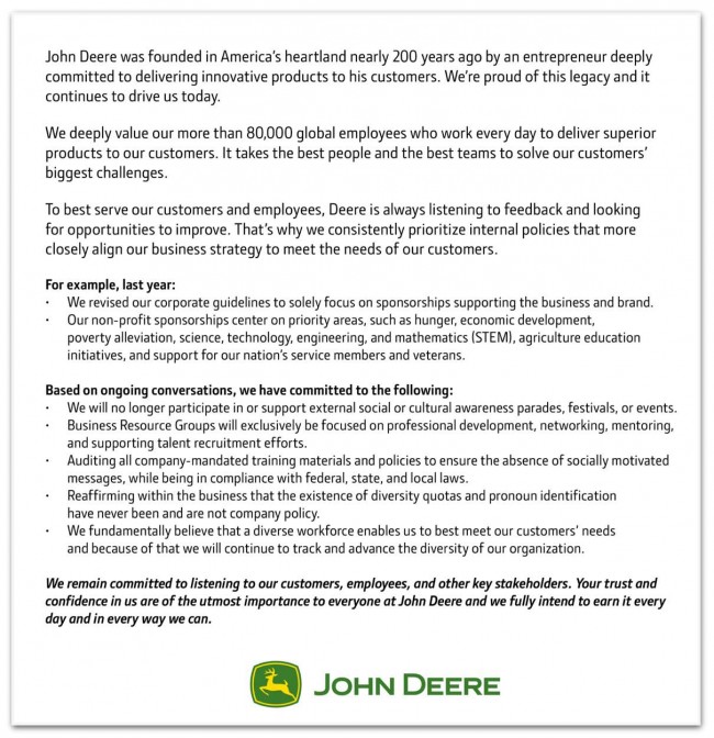 Comunicado da John Deere | Foto: Divulgação