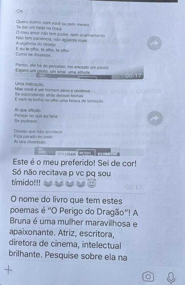 Bordignon declara que um dos poemas enviados à garota, com conotação sexual, é o seu preferido e que ele o sabe de cor. Ele justifica que não o recitava para a garota por timidez, e não pelo fato de ela ser menor de idade.