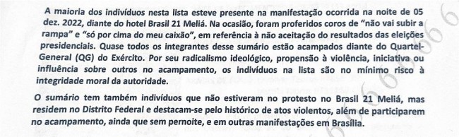 Recorte de relatório da Abin sobre manifestações em frente ao hotel Brasil 21, onde Lula estava hospedado em 2022