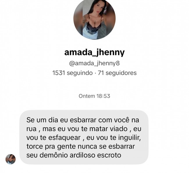 Print da ameaça recebida por Sophia Barclay