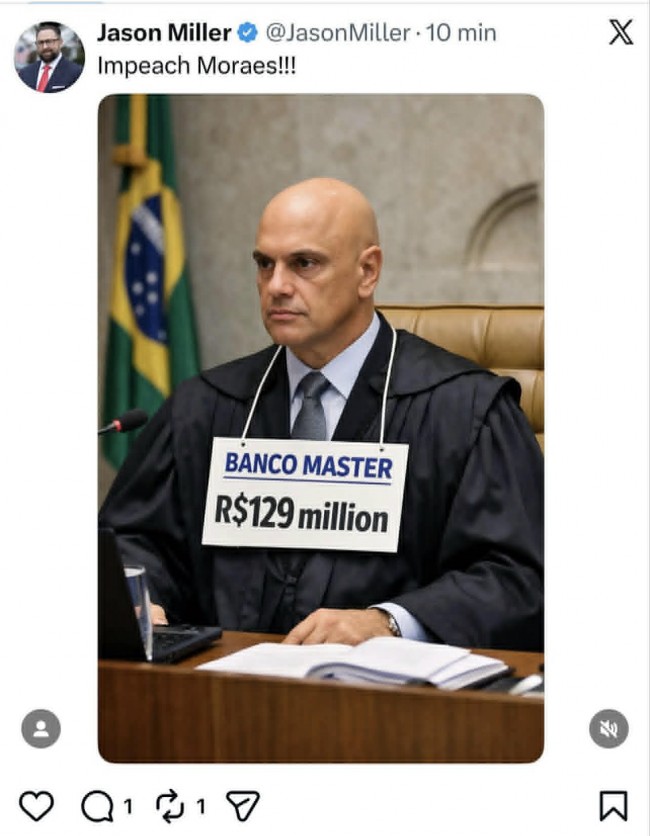 Imagem publicada por Jason Miller sobre Alexandre de Moraes