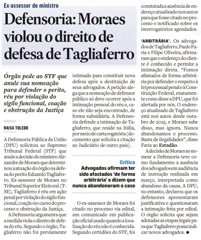 Imagem relacionada ao caso Moraes e Tagliaferro