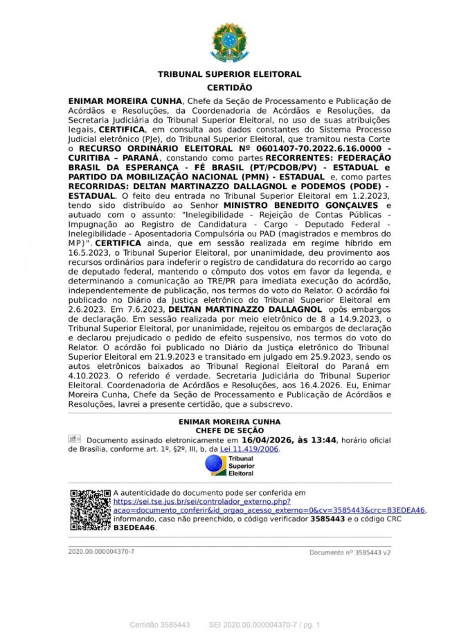 Certidão do TSE sobre inelegibilidade de Deltan Dallagnol