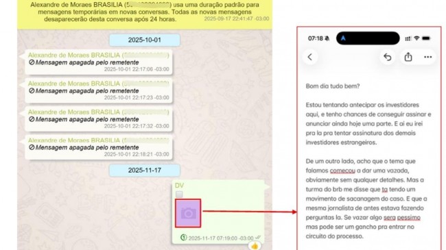 Mensagem vazada de conversa entre Moraes e Vorcaro – Reprodução internet